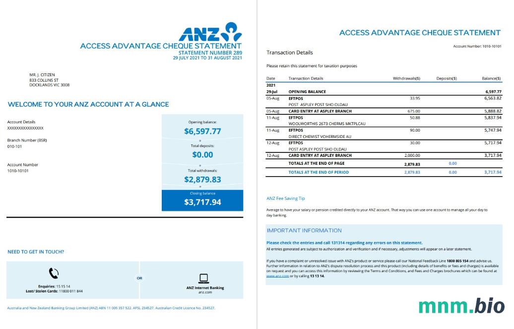 Australia ANZ wyciąg bankowy, Word i PDF szablon